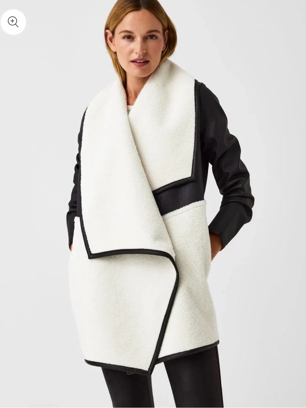 SPANX Cream Faux Leather & Shearling Drape Vest with Black Trim